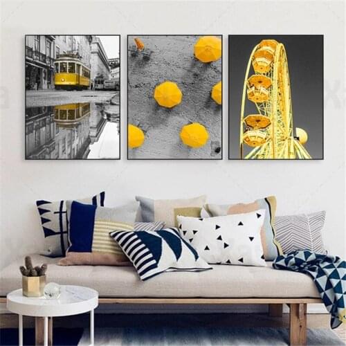 Black and Yellow Difference Art Poster Retro Landscape Canvas Painting Cable Car Ferris Wheel Umbrella Home Decoration Wall Art