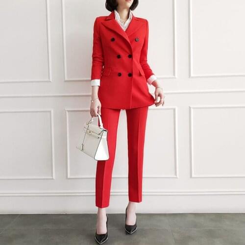 Elegant Womens pant suits set formal red pant suits womens red suits set 2 pieces Office lady work Slim red blazer set 2 pieces