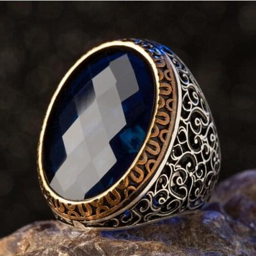 Fantastic Oval Blue Big Zircon Stone Men Ring Feceted Symmetric Style Men Ring Vintage Handcarved Men Jewelery