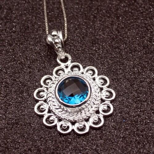 Hermosa Glorious Charming London BlueTopaz Silver Color For Women Charms Pendant Chain Necklace 20 Inch