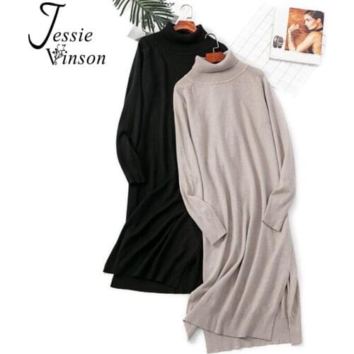 Jessie Vinson Turtleneck Solid Sweater Dress Women Casual Loose Split Pullover Knitted Dresses Autumn Winter Warm Dress Vestidos