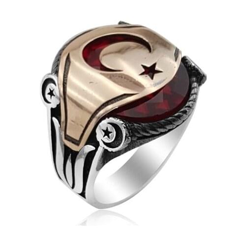 Trendy 925 Sterling Silver Turkish Men Ring Man Rings Fashion Boho Traditional Etnic Flag Red Stone Ring for Men Moon star Ring