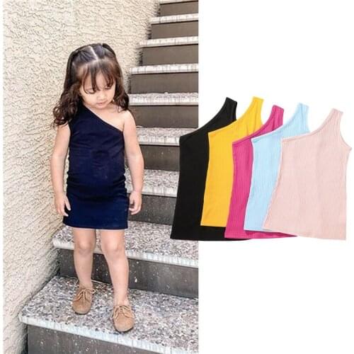 Citgeett Summer Solid Color Kids Baby Girls Ribbed One-Shoulder Sleeveless Jumpsuit Dress Clothes
