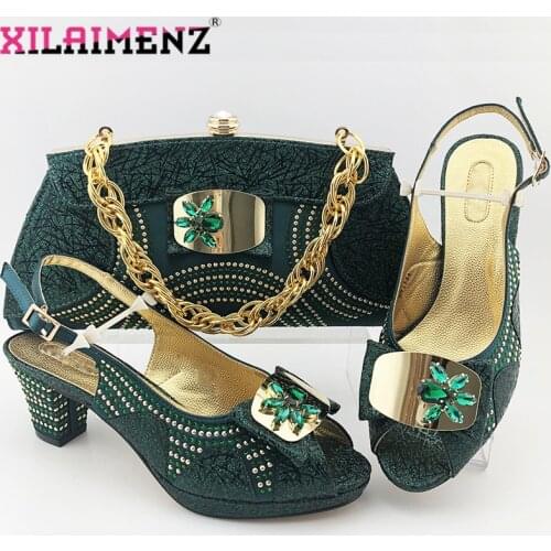 Latest Dark Green Shoes and Bags Set African Sets 2020 Shoes and Matching Bags Nigerian Women Rhinestone Wedding Shoes