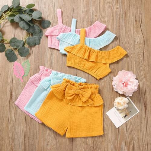 Summer Fashion Kids Outwear Clothes Set 2pcs Aesthetic Ruffles Crop Top T-shirts+ Short With Bow-knot Baby Girls Soild Set