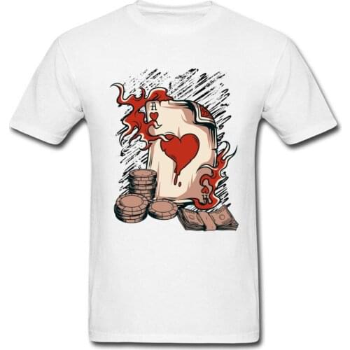 Flaming Poker Card On Men White T-shirt Casino Bet Red Heart Print Mens 100% Cotton Quality T Shirts No Fade Clothing
