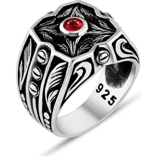 Men Silver Ring With Red Zircon Stone And Leaf Motif, Made In Turkey, Solid 925 Sterling Silver