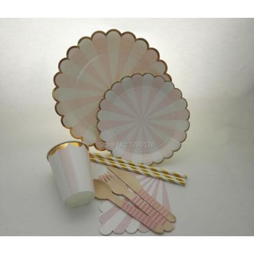 Party Disposable Supplies Pink Striped Wood Utensil Paper Plates Straws Napkins and Cups Gold Party Set for Baby Shower Wedding