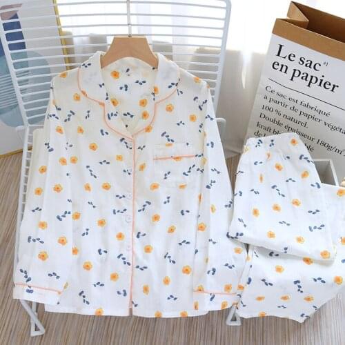 Pijamas Women Cotton Woven Double-layer Gauze Lapel Long-sleeved Trousers Thin Large Size Fresh Cute Pajamas Pijama Verano