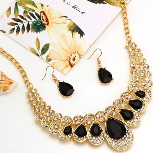 Luxury Colorful Rhinestone Crystal Gold Color Engagement Choker Statement Necklace Earrings Gem Stone Jewelry Sets For Women