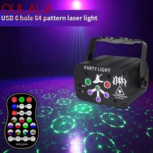 OULALA 6 Hole 64 Figure Laser Light Stage Lamp Projection Flashlight USB Plug with Remote Control for Bar KTV