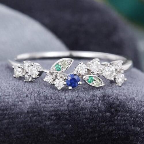 EDI Leaf Ring Blue Sapphire Floral Wedding Band 14k White Gold Emerald Peridot Moissanites Wedding Ring Bridal Promise Gift