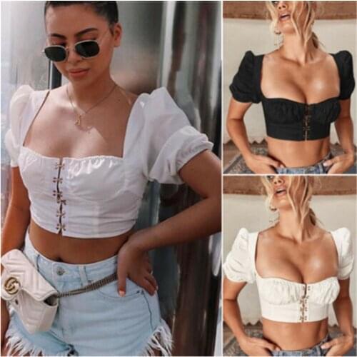 Fashion Women Sexy Tank Tops Lady Girls Square Neck Crop Top Short Sleeve Vest Shirt Tops Summer Clothing