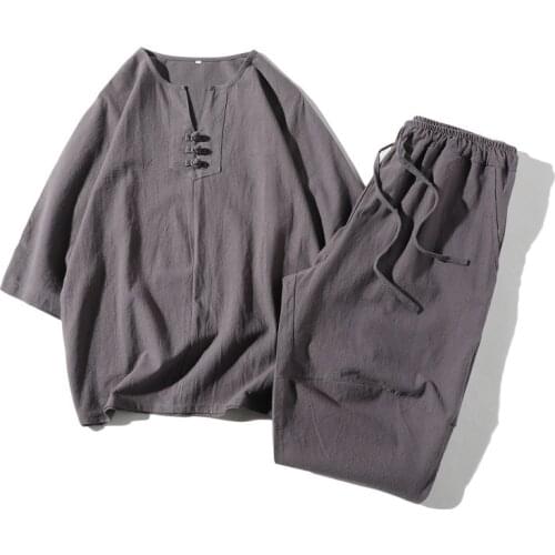 Traditional Chinese Style Clothing for Men Loose Linen Breathable Long Sleeve Tang Suit Hanfu Top+Pant Set Oriental Costume Grey