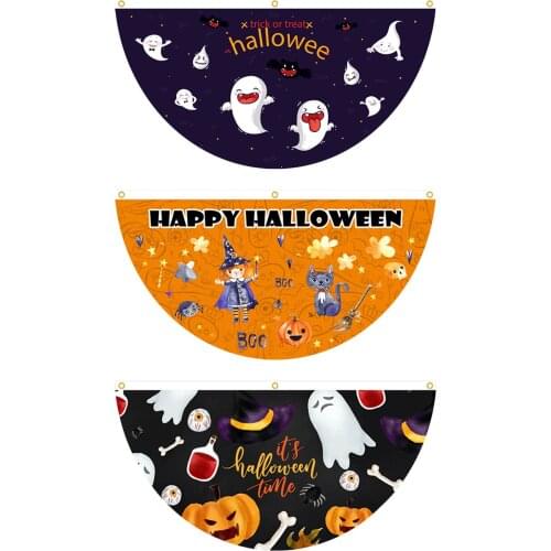 Halloween Fan Shape Flag Cute Ghost Pumpkin Pattern Curtain Banner Indoor Living Room Bedroom Curtain Accessories Functional