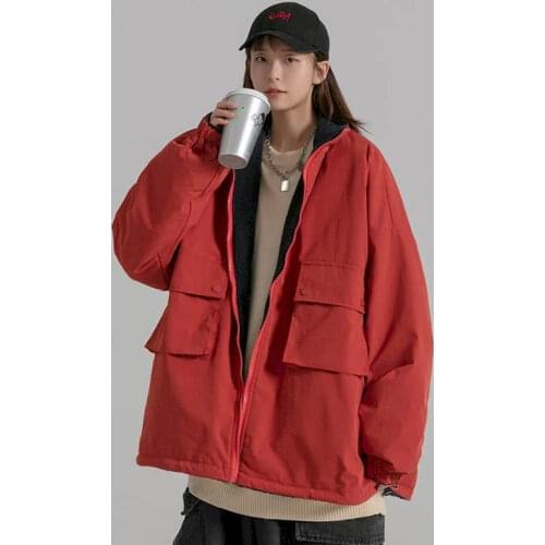 Women clothes padded jacket worn on both sides solid color stand-up collar big pockets winter cotton coat women college style
