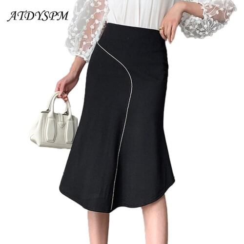 2021 Autumn Vintage Korean Fashion Ruffles OL Midi Mermaid Skirts Women Elegant White Curve Stretch Package Hip Bodycon Skirts
