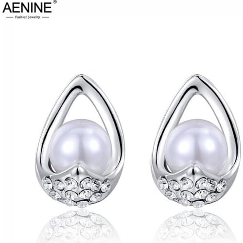 AENINE New Fashion CZ Crystal Simulated Pearl Stud Earrings For Women Girls E15005