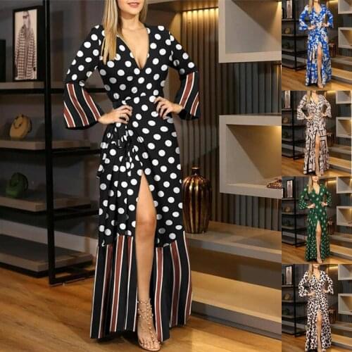 Zoctuo Polka Dot Print Sexy Club Dresses For Women S-3XL Bandage V-neck Long Sleeve Maxi Dress Vintage Fashion Autumn Vestidos