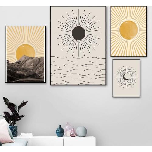 Abstract Landscape Sun and Moon Scene Boho Canvas Prints Painting Wall Art Pictures Posters for Living Room Home Decor No Frame