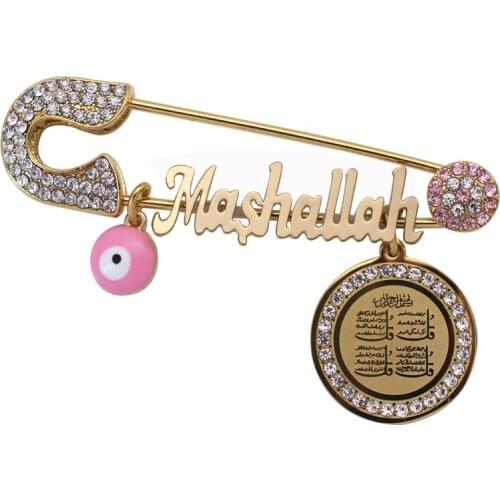 Koran four Qul suras Mashallah turkey evil eye Stainless Steel crystal brooch muslim islam Baby Pin