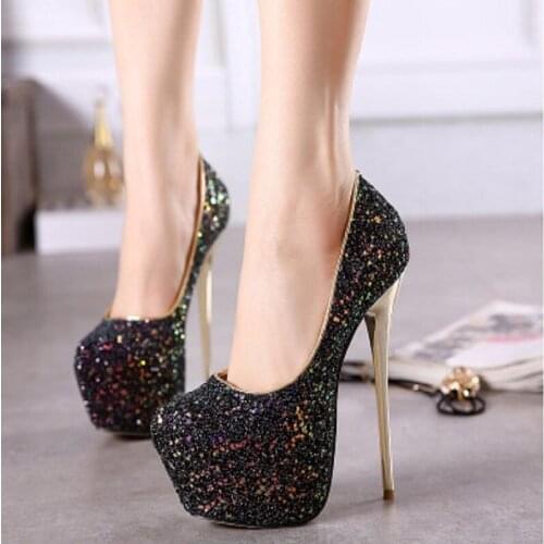 European and American wind new style thin high single shoe round head shallow sequin color sexy womens shoes