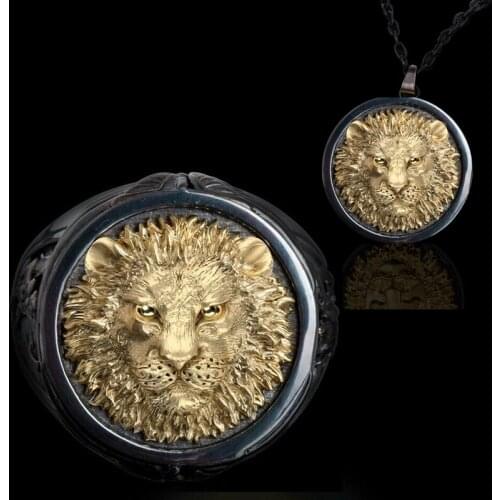 FDLK Vintage Black Gold Lion Carved CZ Pendant Necklace Ring Set For Men Gothic Punk Rock Biker Jewelry Gift