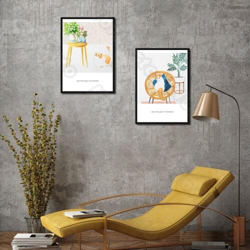 Nordic Style Canvas Painting and Posters Wall a Fat Cat Lying On Yellow Chair Fresh Flowers In The Vase for Home Rooms Decorati