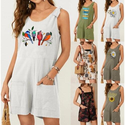 IMCUTE Y2K Womens Bowknot Wide Shoulder Straps U-neck Sleeveless Jumpsuit Fashion Print Pocket Overalls Street Casual Wear /F