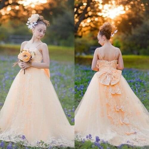 Champagne Lace Beading Spaghetti Straps Flower Girls Dresses Bow Bottom Girl Birthday Party Dress Ball Gowns Sweep Train Custom