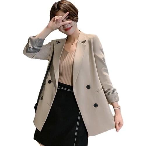 Jackets For Women 2021 Suit Female Elegant British Casual Splice Plaid Long Sleeve Buttons Solid Coats Loose Blazer Outwear