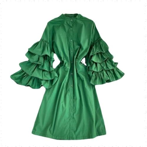 Flare Sleeve Ruffles Summer Womens Dress 2021 Casual Cotton Shirt Dresses for Women Long Sleeve Long Girls White Green Yellow