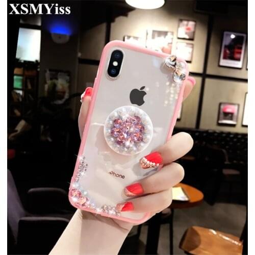 XSMYiss Bling Diamond Phone Case For iphone X XS MAX pearl Diamond 3D Grip Stand Holder For iPhone 5S 6S 7 8 PLUS Back cover