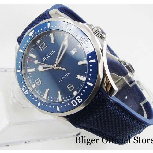 BLIGER Sapphire Glass Automatic Men Watches 41mm Blue Dial Date Window Rotating Bezel Self Winding Movement Rubber Strap