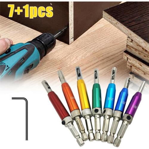 7+1Pcs HSS Door Self-centering Hinge Drill Bit Set Hinge Tapper Core Screw Hole Puncher Woodworking Tools with Wrench