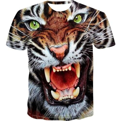 2021 New Hungry Tiger Down The Mountain 3DT Shirt Casual Fashion Sports Summer Harajuku Style Round Neck Short-Sleeved Shirt