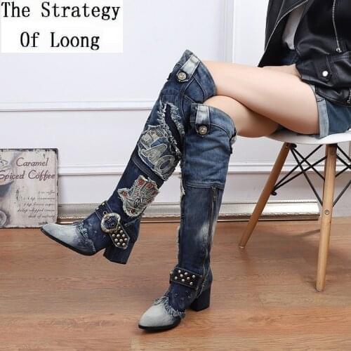 Spring Autumn New Thick High Heels Rivet Embroider Denim Women Knee-High Boots Zipper Ladies Western Cowboy Long Botas 201009