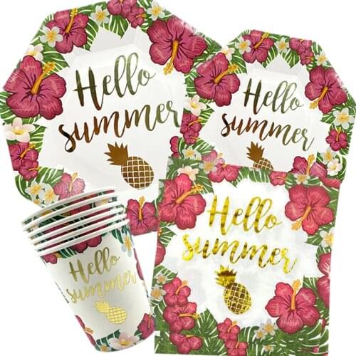 Omilut Hello Summer Disposable Plates/Cups/Napkins Pineapple Palm Leaf Bronzing Disposable Tableware Decor Supplies