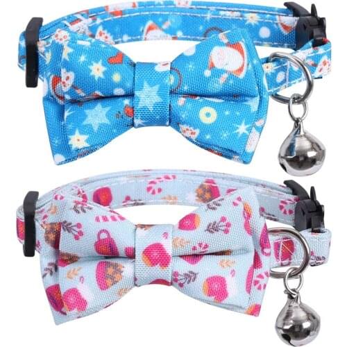 Christmas Cat Collar Breakaway with Bow Tie and Bell Santa Claus Patterns Adjustable Kitten Collars Accessories for Kitty Pets
