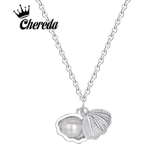 Chereda Tiny Shell Shape Necklace&Pendant for Women Long Chain Pearl Small Pendant Elegant Jewelry Wedding Gift