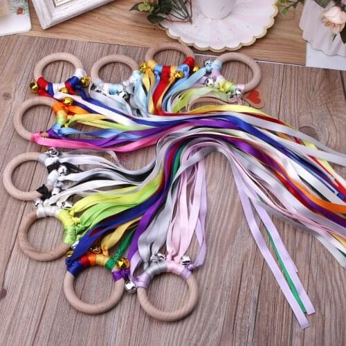 Rainbow Natural Wooden Ribbon Rattle Ring Baby Teether Newborn Montessori Style Sensory Toy Shower Gift