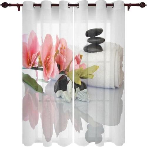 Patio Curtain Stones Pink Flowers Towels Indoor Living Room Bedroom Kitchen Outdoor Drape For Porch Gazebo Pergola Canopy Beach