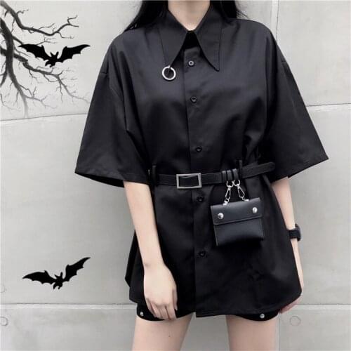 Punk Shirt Top Ladies Harajuku Short-sleeved Shirt with Belt Style Casual Tops Women Waist Hong Kong Style Mid-length Dress 2021