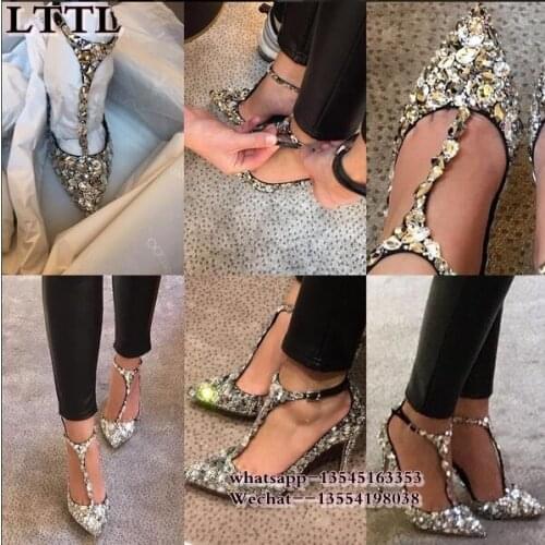 Spring Autumn T-Strap Pointed Toe Women Pumps Silver Rhinestones Women Shoes High Heels Crystal T-Strap Bridal Shoes Weddings