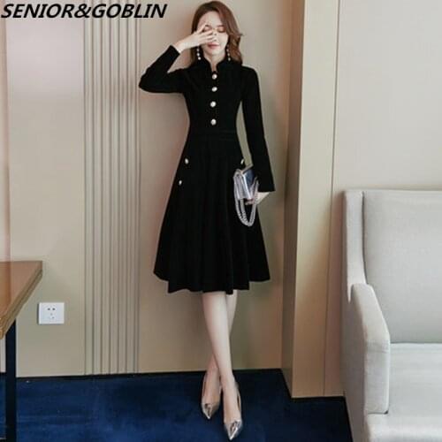 New 2021 Elegant Black Velvet Dress Spring Dresses Retro Women OL Office Wear Long Sleeve Ladies Office Dress Vestidos Robe