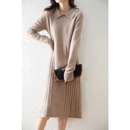 Autumn Winter 100% Wool Sweater Long Pullover Elegant Knit A-LINE Dress Women Polo Collar Loose Warm Casual Chic Dress Spring