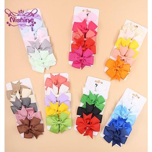 Nishine 4/5 Pcs/Lot Grosgrain Ribbon Bows Baby Hairpin Solid Color Handmade Bowknot Duckbill Clips Kids Accessories Holiday Gift