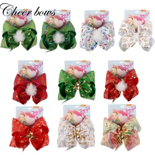 7" Large Pompom Christmas Hair Bows Snow Gifts Printed Hair Clips Handmade Grosgrain Hairbow For Girls Festival Hair Accessories