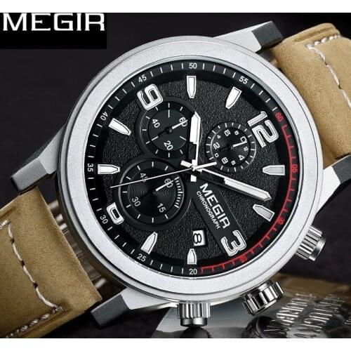 TOP Brand MEGIR Fashion Sport Watch Men Luxury Men Quartz Watches Chronogragph Clock Leather Band Army Military Wrist Watch 2026