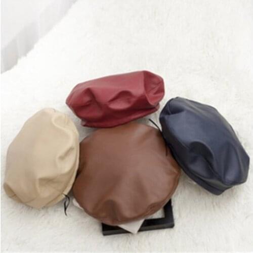 Net Red Sun Style Black Retro British PU leather painter hat fashion girl spring and summer retro British Beret WS-2560